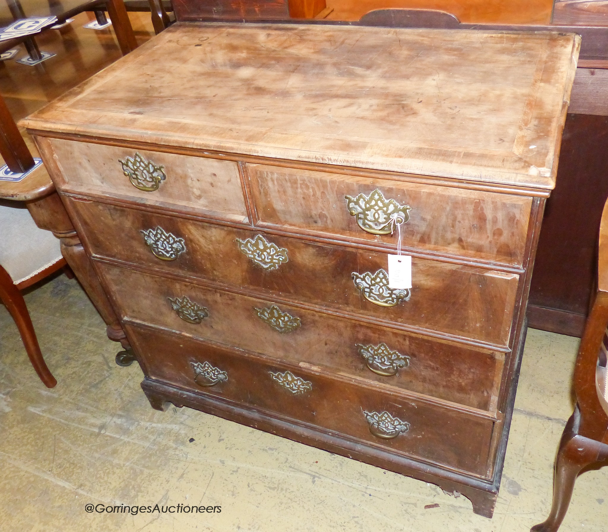 A mid 18th century banded walnut chest. W-90, D-52, H-87cm.
